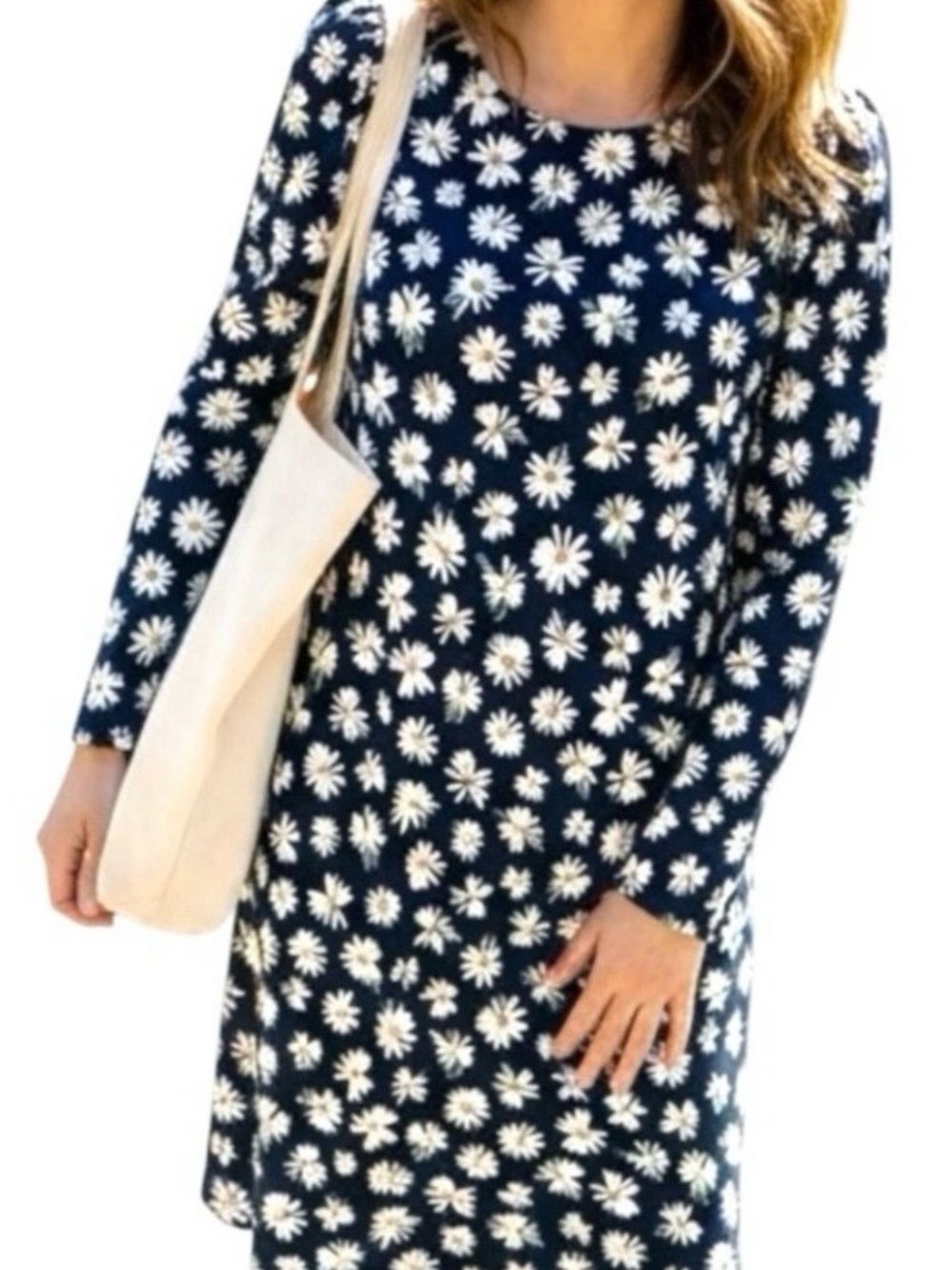 Old Navy Navy and White Daisy Long Sleeve Shift Dress